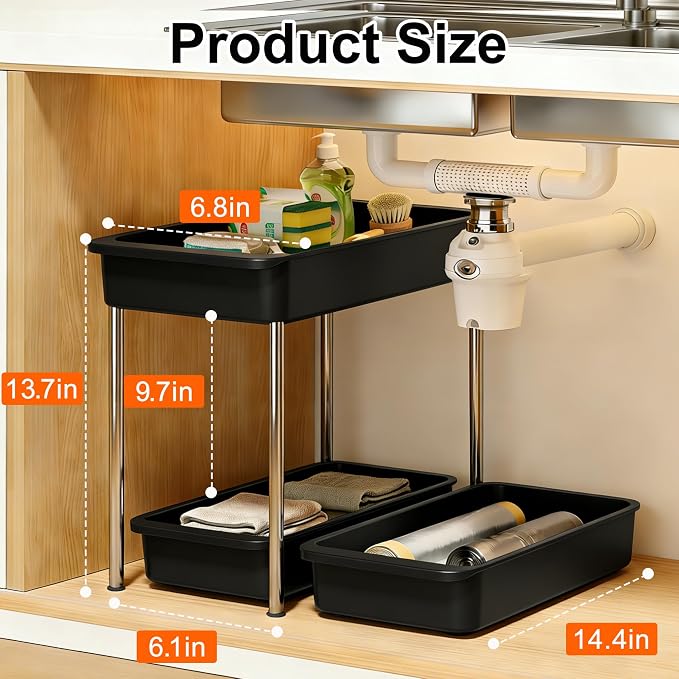 2-Tier Under Sink Organizer with Smooth Rolling Wheels, Pull-Out Bottom Storage Drawer with Easy-Lift Handle, Metal & Plastic Sliding Cabinet Organizer for Kitchen & Bathroom, Black, 2 Pack