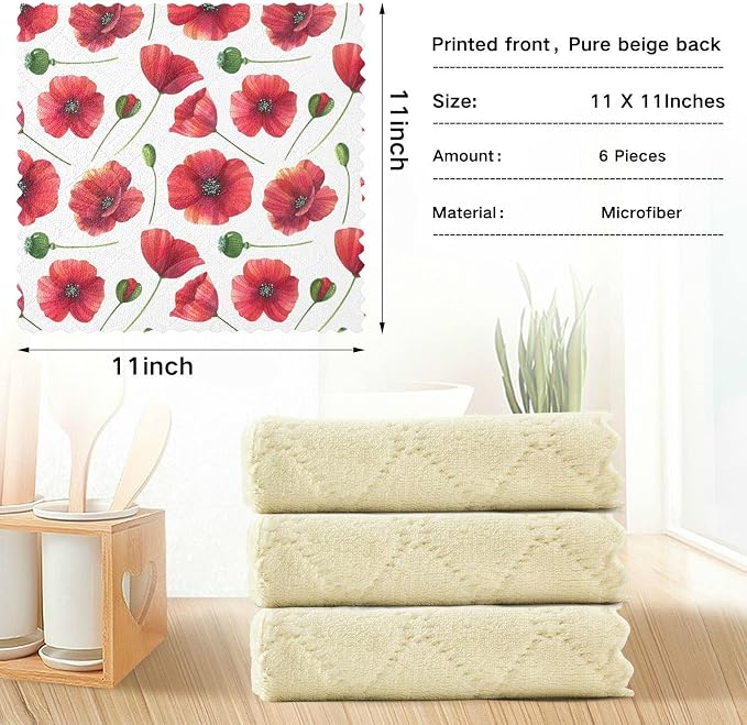 CaTaKu Red Poppy Cute Kitchen Dish Cloths for Washing Dishes Reusable Cleaning Cloth Dish Towels Microfiber Washcloths Dish Rags for Kitchen,6 Pack