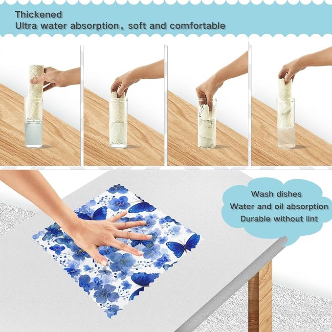 Watercolor Blue Butterfly Kitchen Towels Dish Cloths Set of 6 Microfiber Cleaning Cloths for Cars Super Absorbent Machine