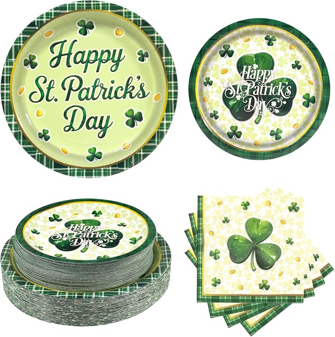 150pcs St. Patrick's Day Party Supplies,Shamrock Paper Plates and Napkins Set for St. Patrick's Day Party Decorations,Serve 50 Guests