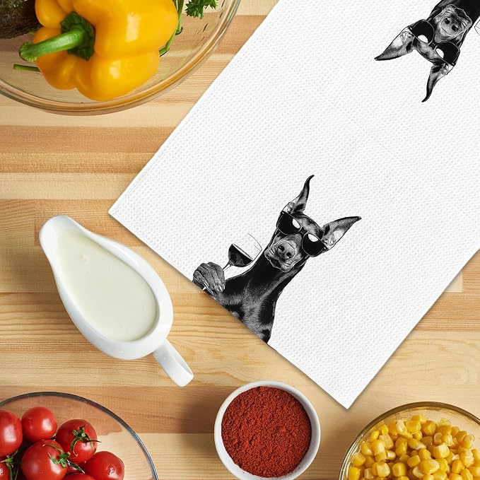Funny Doberman Wine Kitchen Towels, Gifts for Dog Wine Lovers, Bar Accessories Dish Tea Towels for Kitchen, Dog Owners Housewarming Gift Decorative Hand Towel 16x24 Inch
