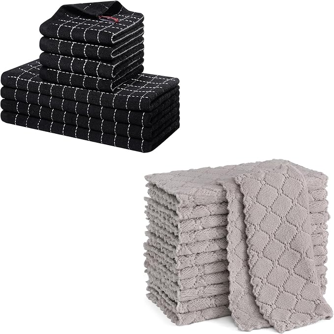 Homaxy Kitchen Towels and Dishcloths Set, 12 x 12 and 13 x 28 Inches, Checkered Designed and 12 Pack Kitchen Dish Cloths (10 x 10 Inches, Grey)