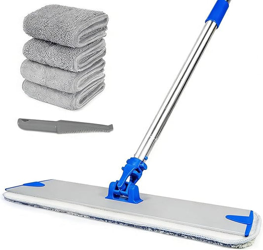 17.5 Inch Professional Microfiber Mop Floor Cleaning System, Heavy Duty Flat Mop with Stainless Steel Handle&Aluminum Alloy Base, 4 Reusable Washable Wet & Dust Mops Pads for Hardwood Tile Laminate
