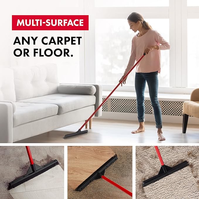 Pet Hair Remover Rubber Broom - Carpet Rake for Pet Hair Removal on Hardwood Floor, Carpet & Tile - Picks Up More Dust & Debris - Slanted Side Bristles for Corners - Rinse to Clean