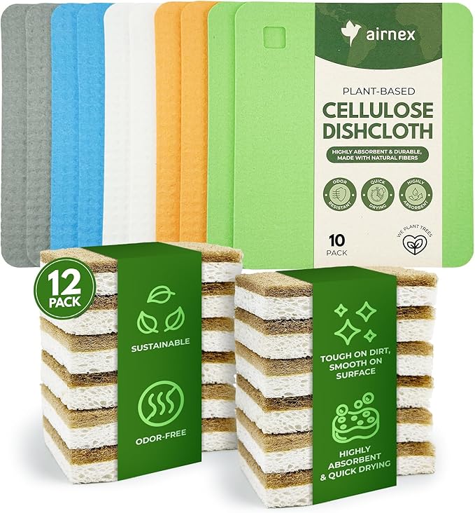 AIRNEX Natural Kitchen Cleaning Bundle - 12 Compostable Cellulose & Coconut Sponges & 10 Cellulose Swedish Dishcloths - Non-Scratch Dish Sponges & Reusable Absorbent Cleaning Cloths