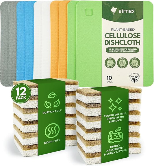 AIRNEX Natural Kitchen Cleaning Bundle - 12 Compostable Cellulose & Coconut Sponges & 10 Cellulose Swedish Dishcloths - Non-Scratch Dish Sponges & Reusable Absorbent Cleaning Cloths