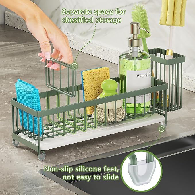 Cisily Extra Large Sink Caddy Organizer with Drying Stone, Sage Green Sponge Holder for Kitchen, Dish Brush Holder for Countertop, Kitchen Decor Storage and Essentials