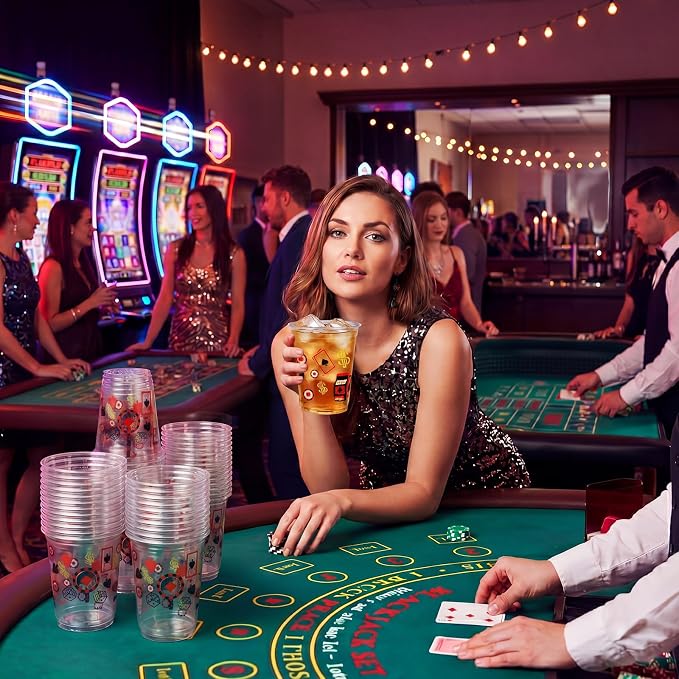 Uiifan 50 Pcs Casino Party Decorations Las Vegas Cups Casino Game Night Party Supplies 12 oz Poker Slot Machine Chips Disposable Plastic Shot Cups for Drinking Office Home Dice Vegas Birthday Favors