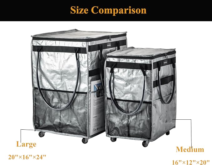 Reusable Grocery Bag On Wheels Large Capacity Shopping Trolley Foldable Rolling Tote with Outside Pocket, Heavy Duty Handle (Silver, Medium)