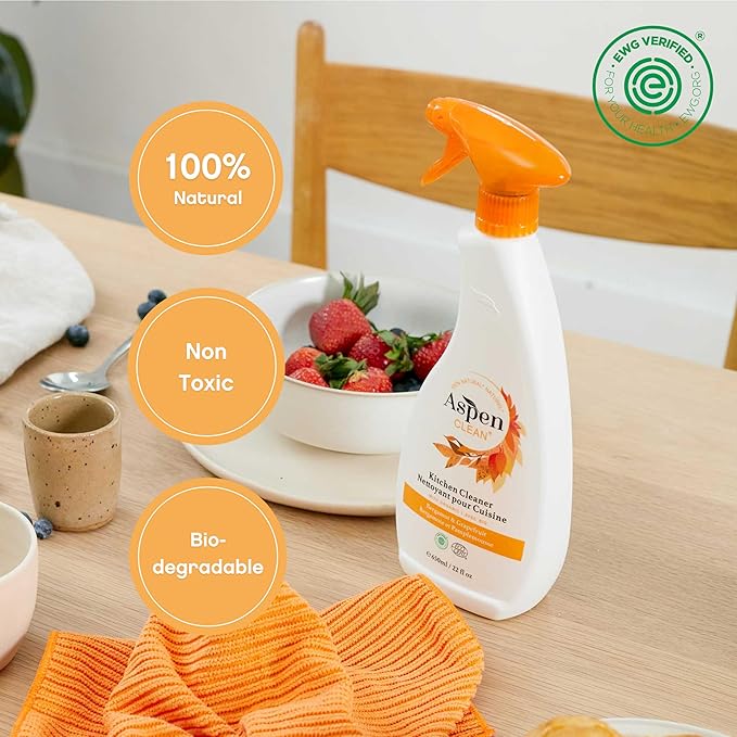 AspenClean | Kitchen Spray Cleaner | Plant-Based Degreaser for Grease & Grime | Multi-Surface Cleaner | Non - Toxic | 100% Natural | EWG Verified | Pack of 2
