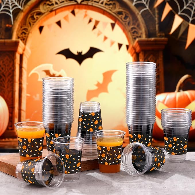 Bokon 100 Pcs Candy Corn Halloween 12 oz Plastic Cups Disposable Cocktail Glasses Happy Halloween Cute Disposable Cups for Coffee Juice Hot Cold Drinks Party Supplies(Black, Candy Corn)