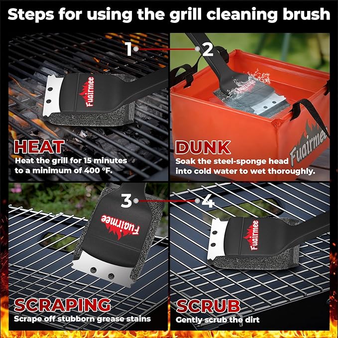 2PCS Bristle Free Grill Brush for Outdoor Grill, with Water Dunk Basin（Orange, Steel Fiber Grill Brush for Cast Iron/Porcelain/Charcoal/Stainless Steel Grates
