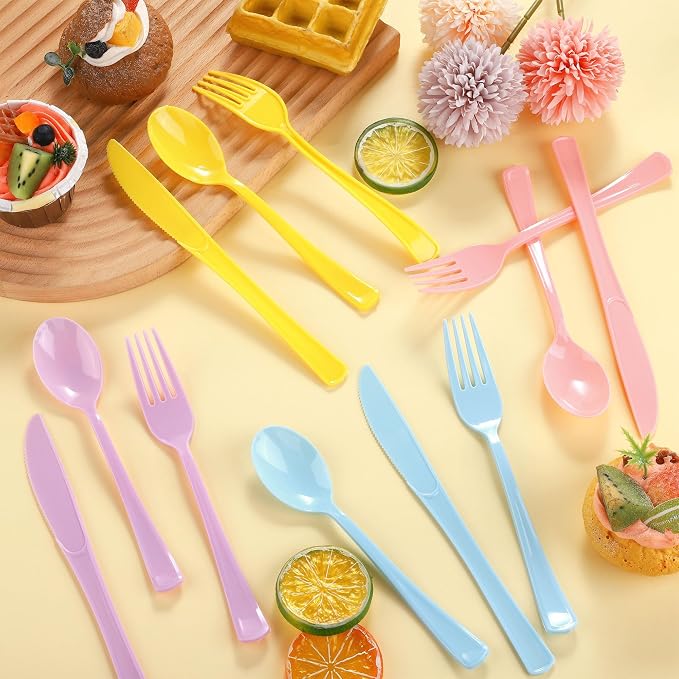 Kochorie 300 Pieces Graduation Pastel Plastic Silverware Heavy Duty Plastic Cutlery Set Heavyweight Disposable Utensils Includes Spoons Forks Knives for Birthday Wedding Dinner, Macaron Colors