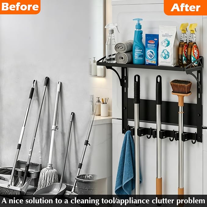 MUTUACTOR Heavy Duty Magnetic Broom Holder,Anti-slip Magnetic Tool Rack with Top Utility Shelf, Easy Assembly Broom Mop Organizer for Refrigerator Metal Cabinet Laundry Room Kitchen,3-Clamps 4-Hooks