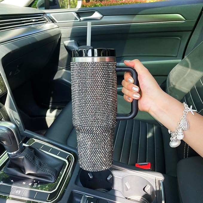 40oz Bling Tumbler with Handle and Straw Lid Rhinestone Studded Tumbler Cups Vacuum Insulated Stainless Steel Double Wall Water Bottle Travel Mug Gifts for Women Her (Black)