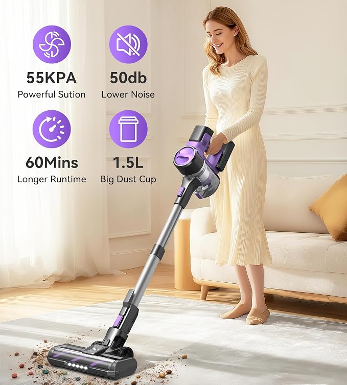 S10 Cordless Vacuum Cleaner, 55Kpa 60mins Lightweight Stick Vacuum with Powerful Suction for Home, Rechargeable, Self-Standing, Handheld Vacuum Cleaners for Hardwood Floors, Carpets, Violet