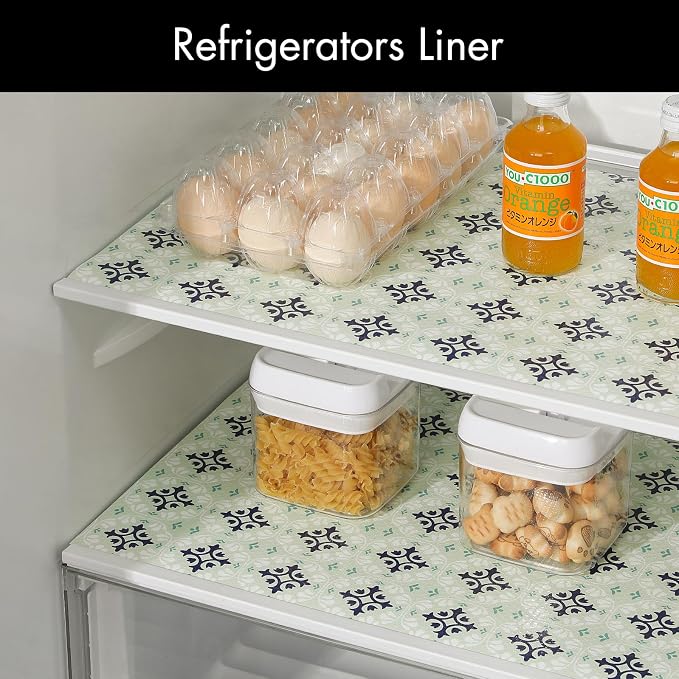 Cooyes Shelf and Drawer Liners for Kitchen Cabinets, Non-Adhesive Cabinet Liners, EVA Waterproof Durable Shelf Paper for Refrigerator, Shelves, Cupboard with European Pattern, Easy to Cut