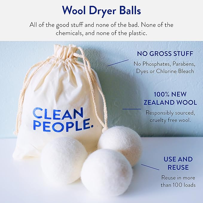 Clean People Ultra Concentrated Laundry Detergent Strips Fragrance Free & 100% New Zealand Wool Dryer Balls - 3 Pack - Plant-Based, Eco Friendly Laundry Detergent 32ct & Dryer Balls 3 Pack