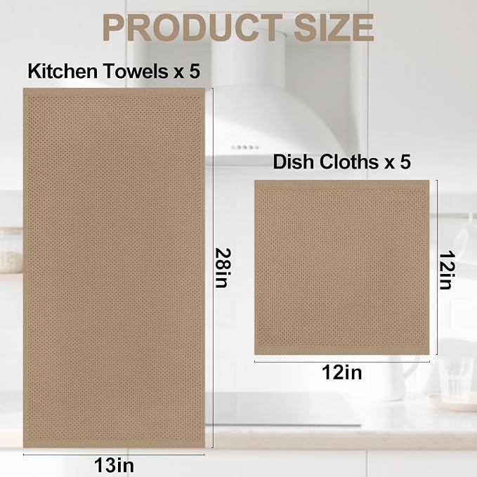 Homaxy 100% Cotton Kitchen Towels and Dishcloths Set, 12 x 12 Inches and 13 x 28 Inches, Set of 10 Bulk Kitchen Towels Set, Ultra Soft Absorbent Dish Cloths for Washing Dishes, Tan