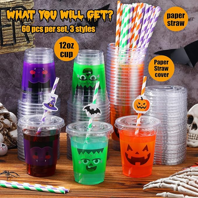 Jingmore 60 Set 12 oz Halloween Plastic Cups Disposable Clear Cups with Lids Paper Straws and Straw Cover for Halloween Party Supply Beer Beverage Snack Coffee Drink Ice Cream