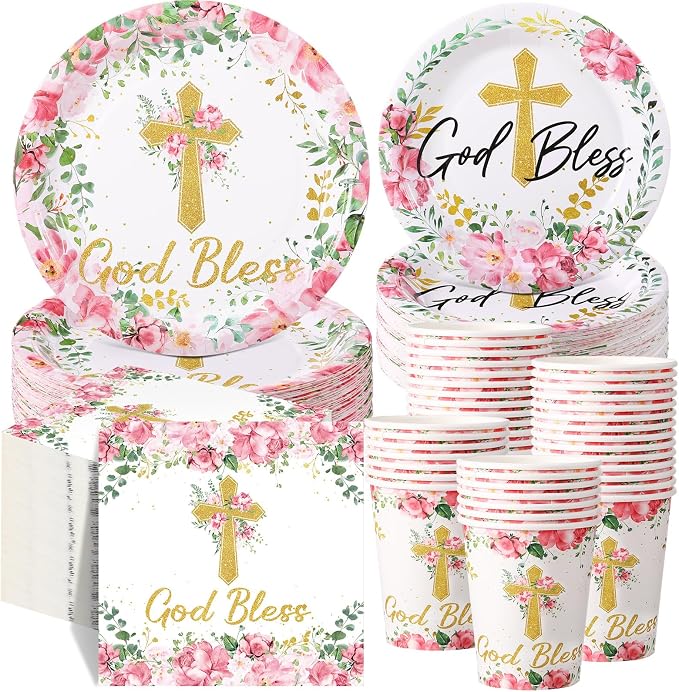 Pickmesh 250 Pcs Pink Baptism Cross Disposable Tableware Set Confirmation Baptism Disposable Paper Plates Napkins Cups for First Holy Communion Christening Baby Shower Girl Religious Supplies Serve 50