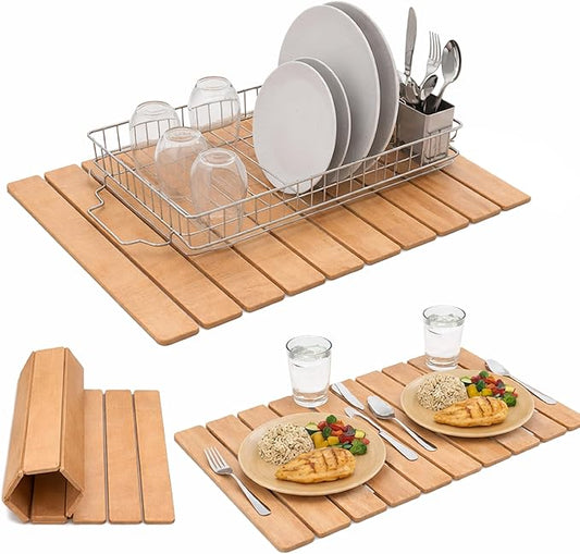 Large Stone Drying Mat 24"x16" – Diatomaceous Earth Stone Dish Drying Mat – Foldable, Ultra-Absorbent & Quick-Drying Countertop Protector for Cups, Plates, Utensils & Cookware - Wood Grain Textured