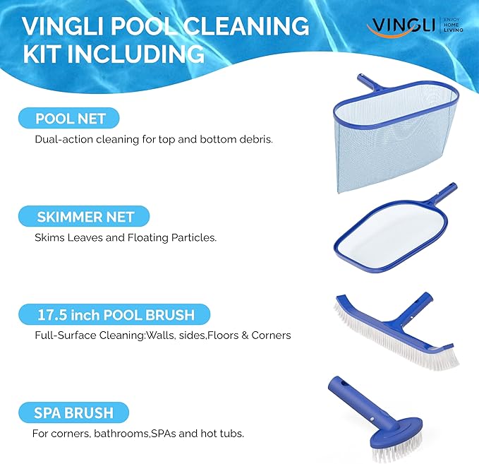 VINGLI 4-in-1 Pool Cleaning Kit, Pools Maintenance Equipment with Pool Net, Pool Brush, Skimmer Net and SPA Brush, Pool Maintenance Tools for Inground&Above Ground Swimming Pools