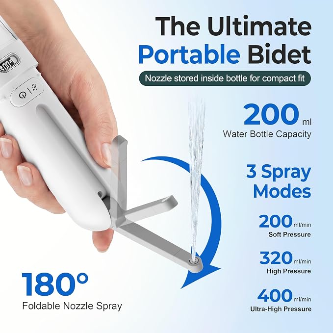 Electric Portable Bidet for Travel, Rechargeable for Women Postpartum, Period & Hygiene | 3 Pressure Modes, 260 Uses/Charge, IPX7 Waterproof, Foldable & Compact, Standard Bottle Fit, USB-C Charging, White
