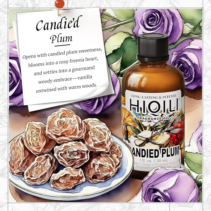 HIQILI Candied Plum Fragrance Oil for Diffuser, Candle & Soap Making, Personal Care Scenting, Gourmand Notes, Long-Lasting Scent - 1 Fl Oz (Pack of 2)