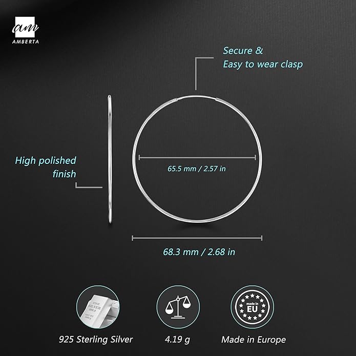 Amberta® 925 Sterling Silver Fine Circle Endless Hoops - Polished Round Sleeper Earrings Diameter Size: 20 30 40 60 75 mm