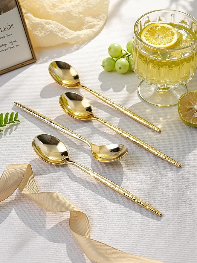 U-QE 180 PCS Gold Plastic Spoons - 7.7 Inch Hammered Heavy Duty Plastic Spoons - Elegant Gold Plastic Silverware - Perfect for Parties & Weddings and Other Daily Events