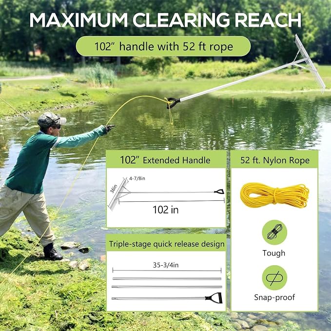 Floating Lake Rake, 36" Aluminum All Purpose Lake and Landscape Rake with 102'' Extension Handle and 52Ft Rope, Weed & Algae Removal, Yellow