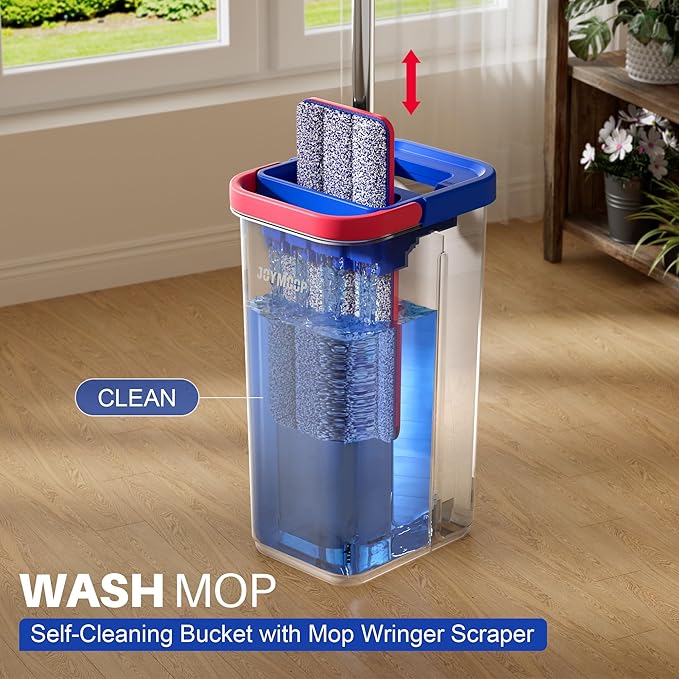 JOYMOOP Microfiber Flat Mop and Bucket System, Floor & Wall Cleaning, Wet Dry Mop for Home & Commercial Use, 60" Long Handle, Includes 5 Washable Pads