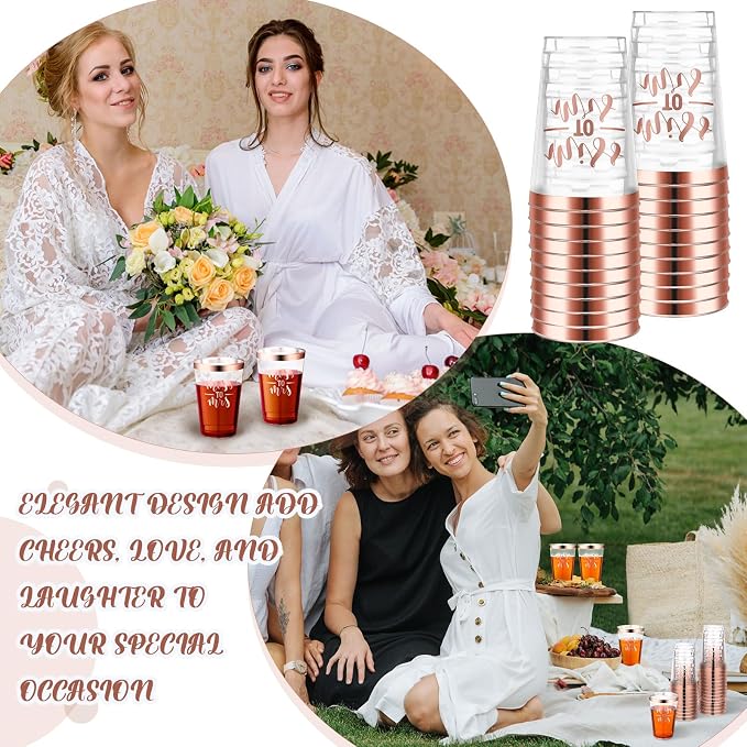 Funnymoom 36 Pcs Wedding Miss to Mrs Cups 12 oz Gold Plastic Cups Disposable Bridal Shower Drinking Tumblers Clear Wine Glasses Tumblers for Engagement Bachelorette Supplies Party Favors (Rose Gold)