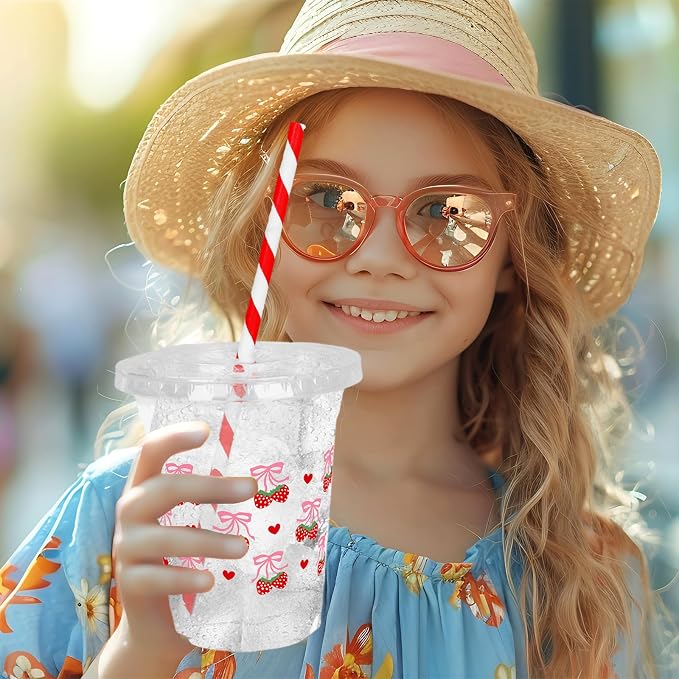JarThenaAMCS 50Pcs Pink Bow Strawberry Disposable Plastic Cups with Lids and Straws 12Oz Cute Bowknot Strawberry Cold Beverage Drinking Cups for Summer Birthday Wedding Party Supplies