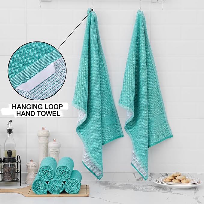 Homaxy Premium Kitchen Towels(18”x 28”, 3 Pack), Large Cotton Kitchen Hand Towels, Flat and Terry Dish Towels, 380 GSM Highly Absorbent Tea Towel Set with Hanging Loop, Teal
