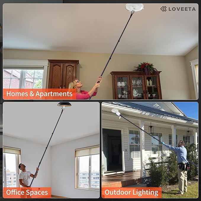 LOVEETA® Gen2 12Ft [18Ft Reach] Extendable Light Bulb Changer Pole for High Ceilings – Telescopic Light Bulb Pole Changer with Bulb Gripper, Chandelier Lights - Jet Black