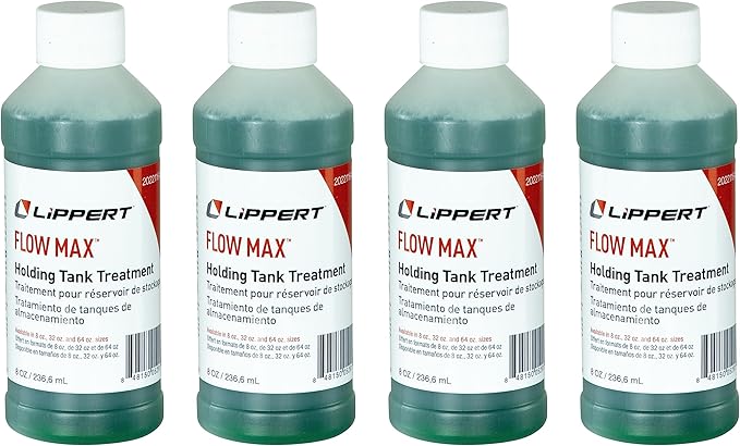 Lippert Flow Max Holding Tank Treatment for RVs and Boats, Breaks Down Toilet Paper, Prevents Clogging and Residue Buildup, Cleans Sensors, Made in The USA - 8 oz. Bottles, 4-Pack