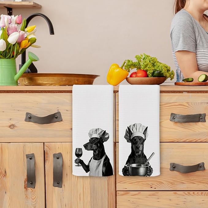 Funny Chef Doberman Kitchen Towels Set of 2, Doberman Dog Gifts for Women Dish Tea Towels for Kitchen, Dog Mom Lovers Owner Gifts Decorative Hand Towel, 16x24 Inch