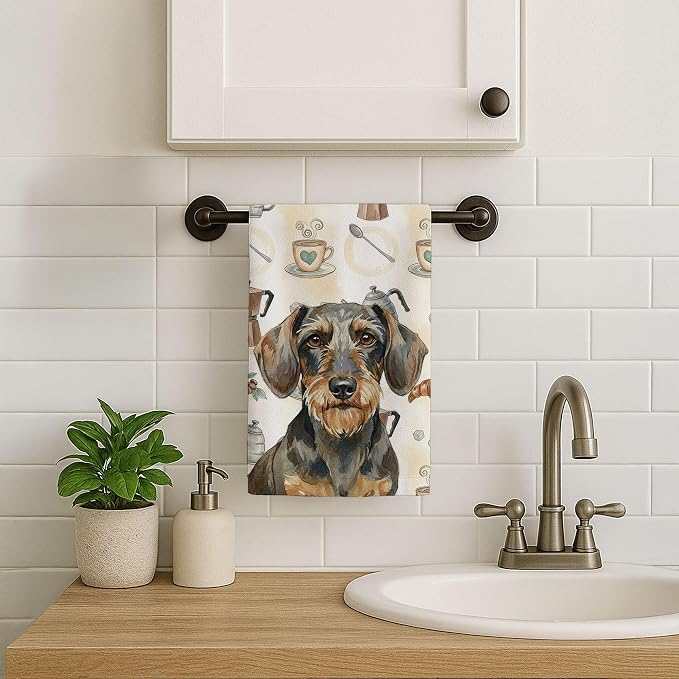Caroline's Treasures Wirehaired Wild Boar Dachshund Coffee Bar Kitchen Towel Velour Plush Front and Cotton Loop Back Machine Washable
