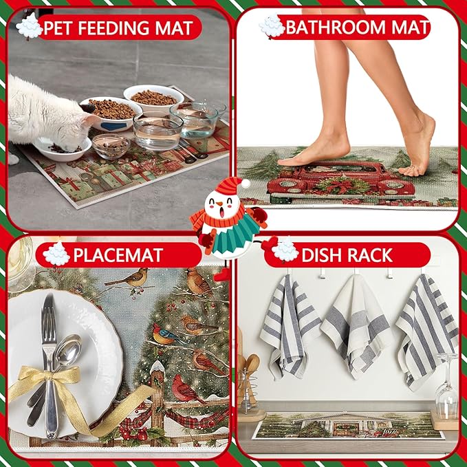 Meanplan Set of 6 Christmas Dish Drying Mats for Kitchen Counter Absorbent Vintage Kitchen Accessories Farmhouse Cottage Table Mats Washable Drainer Draining Pad for Xmas Decoration Winter 24"x 16"