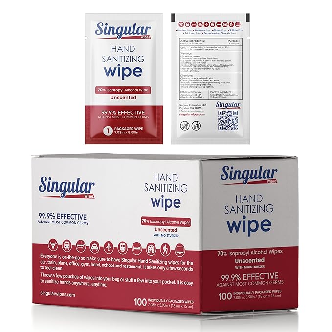 Hand Sanitizing Wipes Travel Size by Singular Wipes –100ct Individually Wrapped | Fragrance-Free, Moisturizing, 70% Isopropyl Alcohol Wipes | Travel, Home, Office, Daily Use