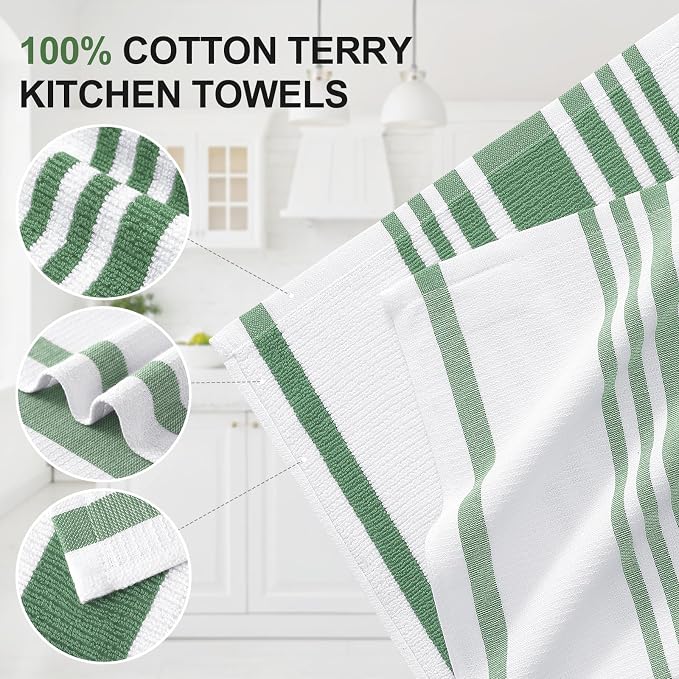 Homaxy Premium Kitchen Towels 18”x 28”, Large Cotton 380 GSM Kitchen Hand Towels, Stripe and Terry Dish Towel, Highly Absorbent Tea Towel Set with Hanging Loop, 8 Pack, Grass Green