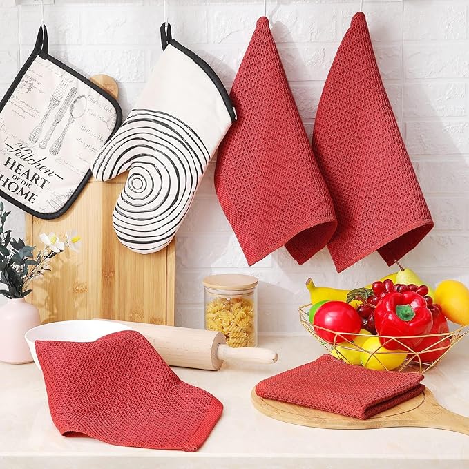 Homaxy 100% Cotton Waffle Weave Kitchen Dish Cloths, Ultra Soft Absorbent Quick Drying Dish Towels, 12 x 12 Inches, 18-Pack, Brick Red