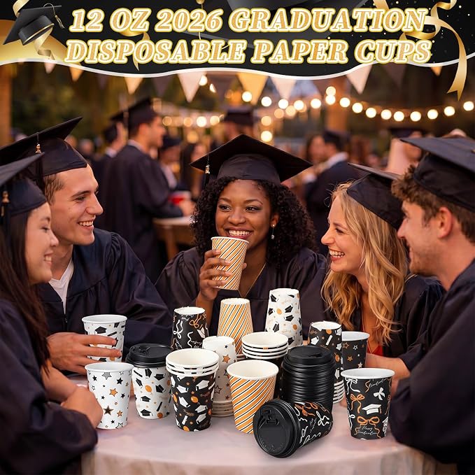 FoldTier 60 Pcs Class of 2026 Graduation Disposable Coffee Cups with Lids 12 oz Graduation Paper Cups Black White Gold Disposable Party Drinkware for Hot Cold Beverages