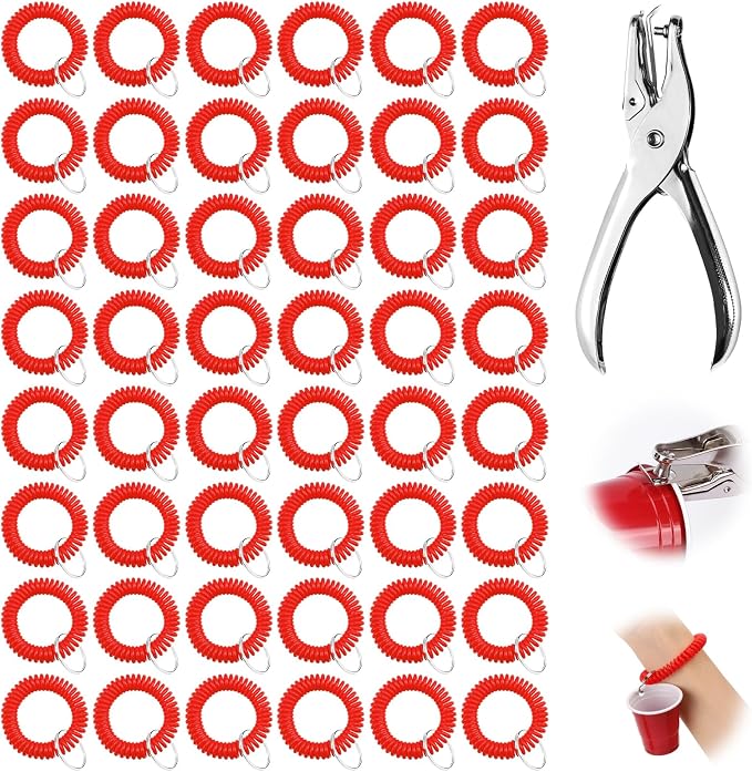 50 Pcs Red Stretchable Wristband for Shot Cups Wrist Coil Keychain with Hole Puncher Plastic Wristlet Keychain Kit for Shot Tasting Glasses Sports Game Party Supplies