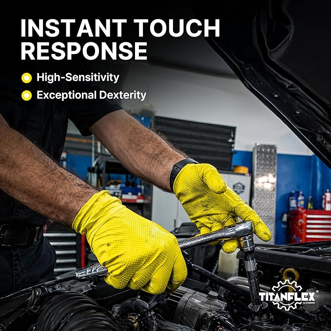 TitanFlex Heavy Duty Industrial Nitrile Gloves with Raised Diamond Texture, 6-mil, Latex Free (Yellow)