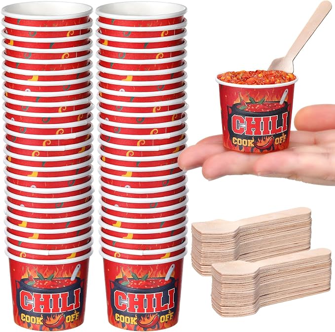 Teenyyou 100 Pcs Chili Cook off Party Decorations, 50 Pcs 2 oz mini Chili Cook off Tasting Cups Disposable Sample Paper Cups and 50 Wooden Spoons for Competition Prizes Party Cooking Supplies (Red)