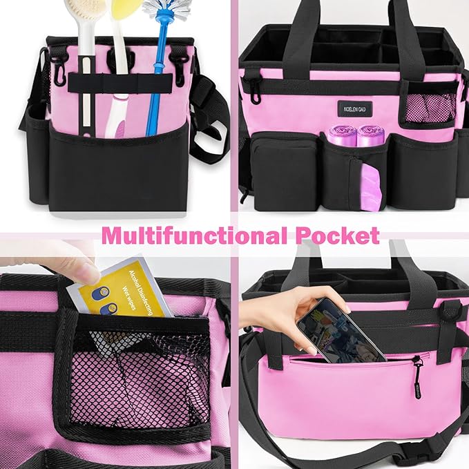 Wearable Cleaning Caddy Bag,Cleaning Supply Tote for Cleaning Supplies, Cleaning Organizer with Adjustable Shoulder and Waist Straps for Cleaners & Housekeepers (Pink, Large)
