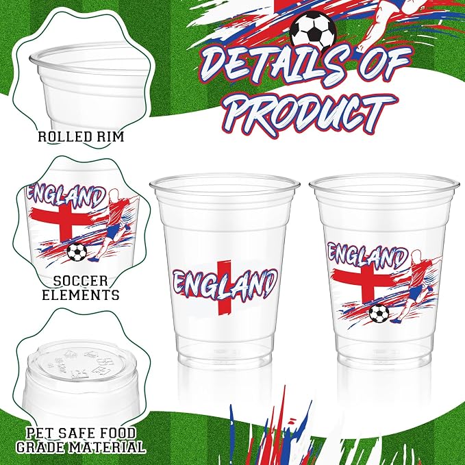 Jingmore 50 Pcs Soccer Plastic Cups 12 oz International Countries Soccer Disposable Plastic Cups Thick Clear Drinkware for Sports Games Party Supplies (England)